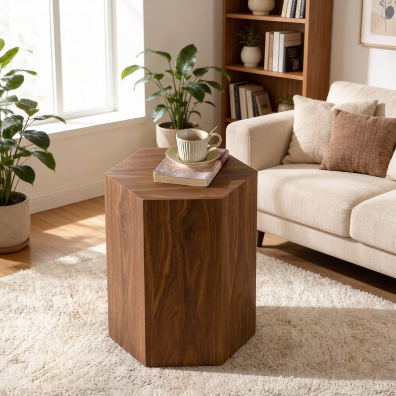 Table de bout hexagonale moderne, aucun assemblage requis, petite table d'appoint en grain de bois pour petits espaces, noyer