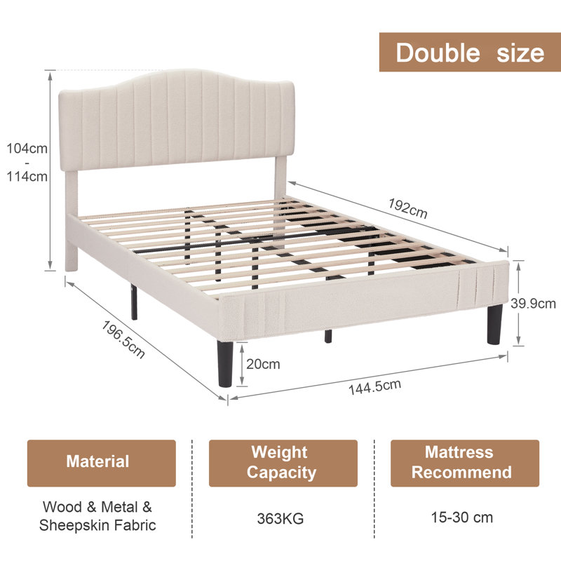 Double Size Upholstered Bed Frame, Platform Bed With Adjustable Teddy Fabric Headboard, Wood Slat Support, No Box Spring Needed, Beige
