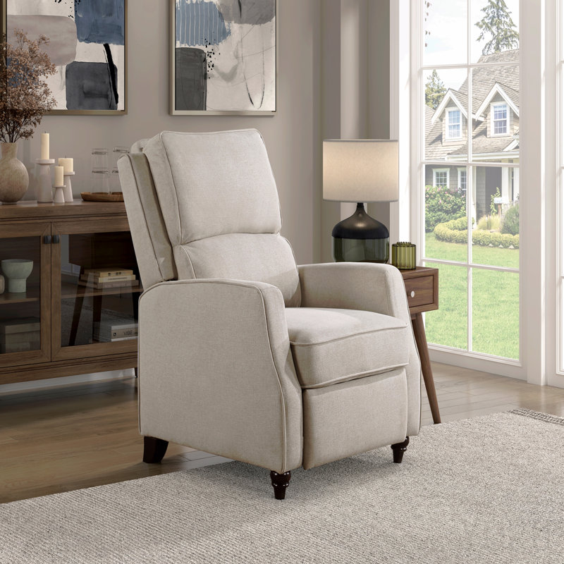 Fauteuil inclinable confortable en bois massif, style transitionnel, recouvert de tissu beige (1 pièce)