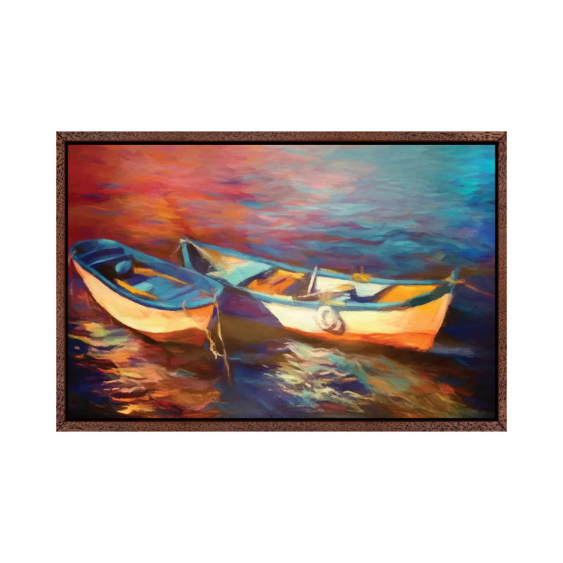 Canoes At Dusk by Angel Estevez - Print on Canvas, 66.04cm H x 101.6cm W x 3.81cm D, Classic Brown Wood Framed