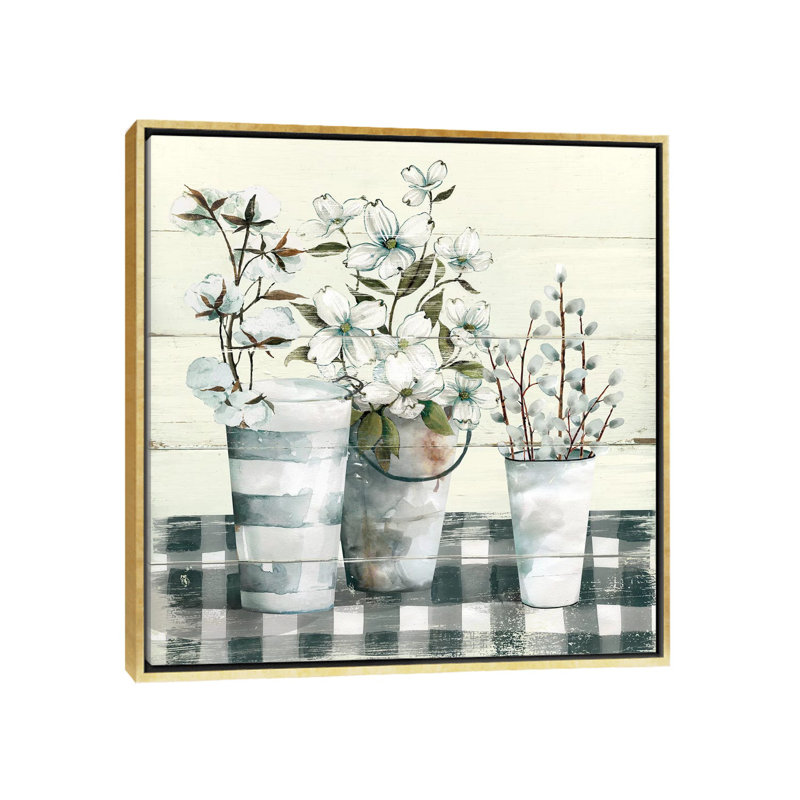 « Spring Gingham I » par Carol Robinson, reproduction d’art, Toile encadrée d'or, Pas de tapis, H 18 po x l 18 po x 1,5 po