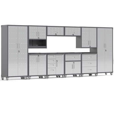 10-Piece Heavy Duty Steel Garage Storage Cabinet System | Complete Workshop Organization Set with Rolling Tool Cabinets & Lockable Wall Units | Adjustable Shelving Garage Storage