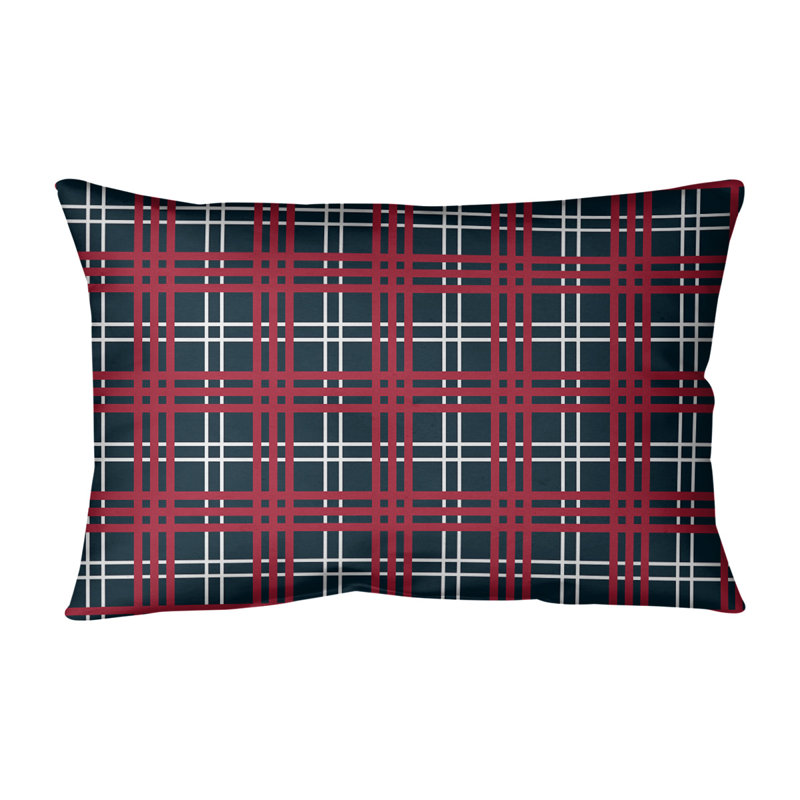 Plaid Leather/Suede Reversible Throw Pillow, Deep Steel Blue/White/Battle Red, Spun Polyester