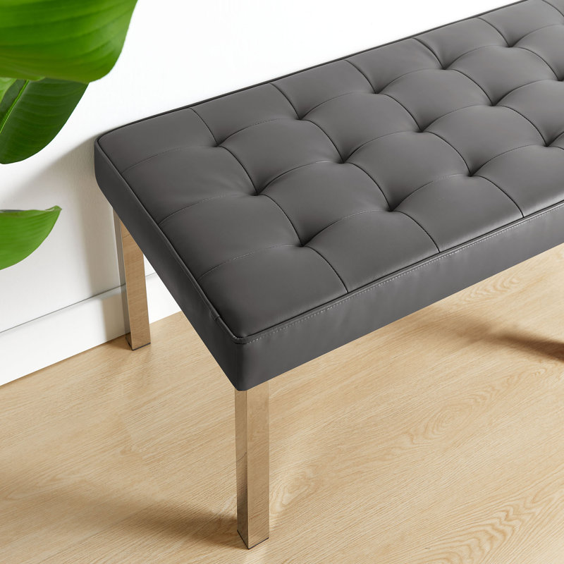 Silver Gray Tufted Faux Leather Bench with Stainless Steel Legs