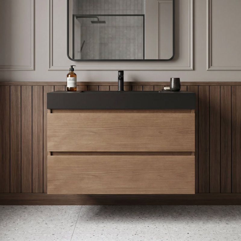 Meuble-lavabo flottant 36 po en noyer brun avec lavabo, meuble-lavabo mural pré-assemblé avec grand rangement, lavabo une pièce noir sans bonde ni robinet