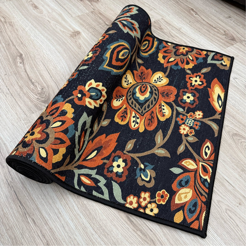 Custom Size Runner Rug Berber Style Floral Black Low Pile Slip Resistant Runner Rugs by Feet, Runner 2'2" x 4'