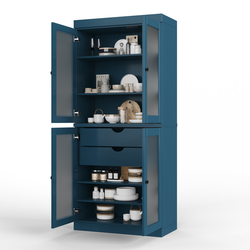 Garde-manger 100% bois massif 32 po avec portes en verre givré et 2 tiroirs, Bleu sarcelle