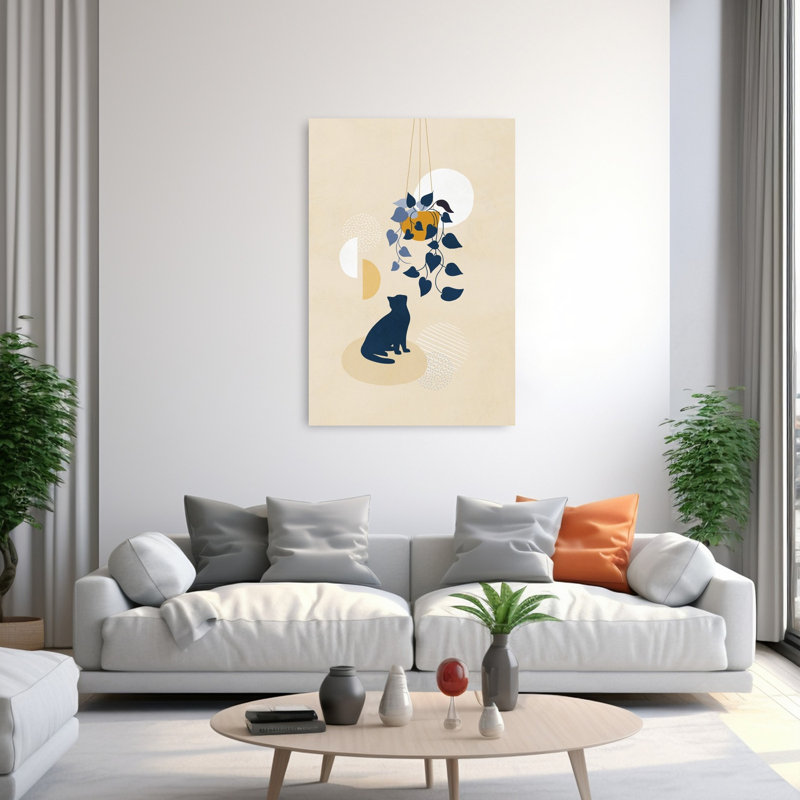 Curious Cat Under Plant Abstract Minimalist Modern Cat Nature Plant Wall Art Print, 152.4cm H x 101.6cm W
