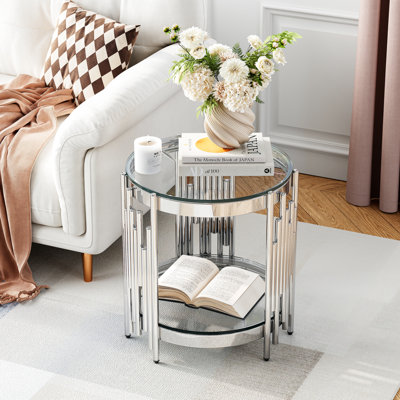 19.69" Round End Table, Two-Tier Tempered Glass And Irregular Cylindrical Stainless Steel Frame