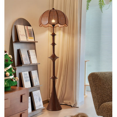 French Mid-Century Wrought Iron & Rattan Floor Lamp