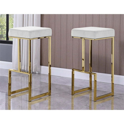 31 Inch Velvet Bar Stool Set of 2, Gold Plated Metal Frame, Backless Counter Stool for Kitchen and Dining Room Elegance