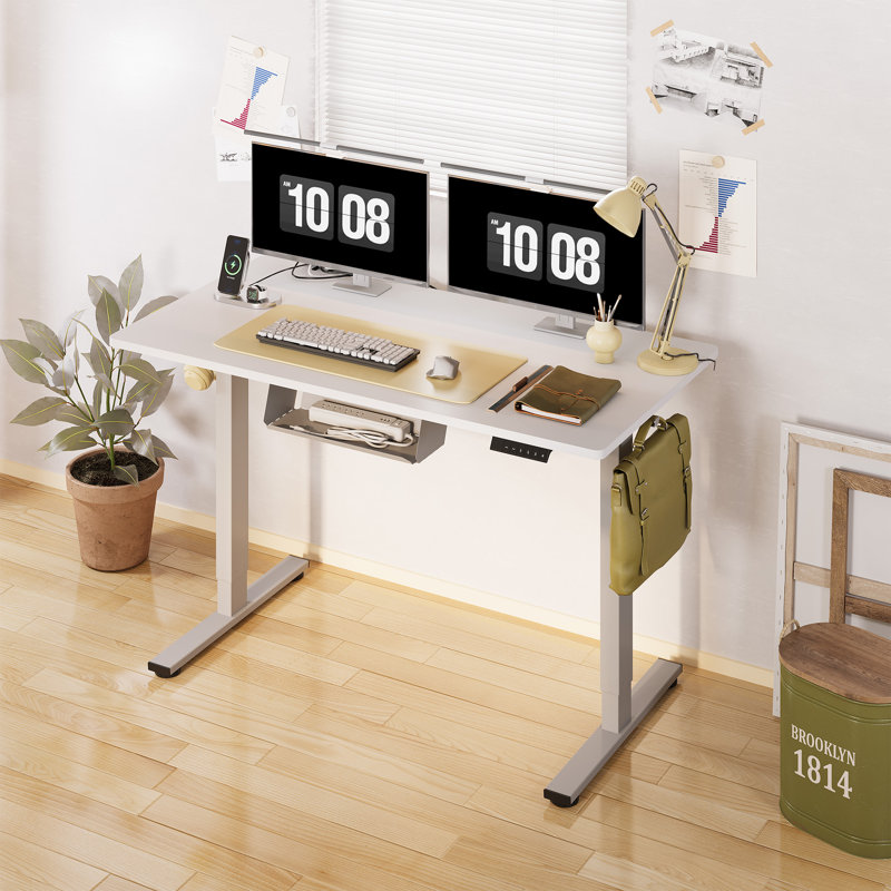 Adjustable Standing Desk, Whole-Piece Desktop, 55" W x 28" D, White/Gray