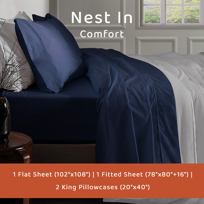 Loomsnest 100% Cotton Sheet Set, Breathable & Lightweight Percale Cooling Sheets, Deep Pocket (Fits up to 18"), King, Navy