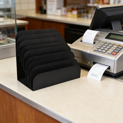 Steel Cashier Pad Rack - 8 Slot Vertical Desktop File Organizer For Forms, Checks, And Documents With Heavy-Duty Black Powder Coat Finish