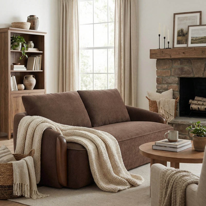 Coriddi Modern Organic Upholstered Sofa with Curved Arms and Solid Wood Frame, Dark Brown