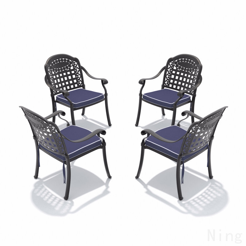 Chaise de patio en aluminium coulé 4 pièces avec cadre noir et coussins bleus, Bleu, 4