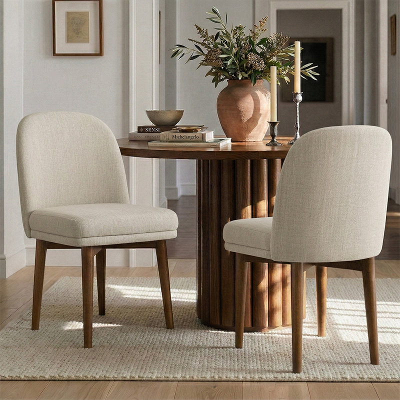 Chaises de salle à manger en lin beige avec pieds en bois massif, Beige