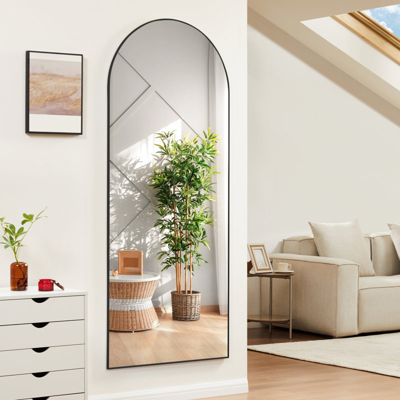 Arched Metal Oversized Full Length Mirrors Wall Mirrors with Stand, Black, 65" x 24"