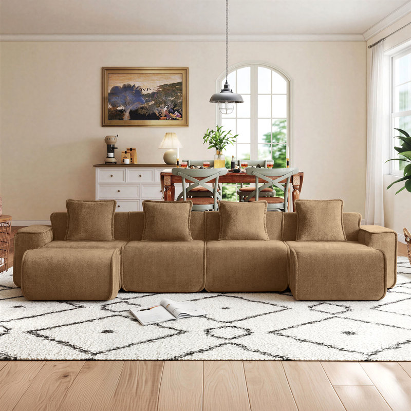 Boneless 6-Seat Modular L Shape Velvet Sectional Boneless Sofa, No Assembly Required with French Edge Piping, Velvet - Brown