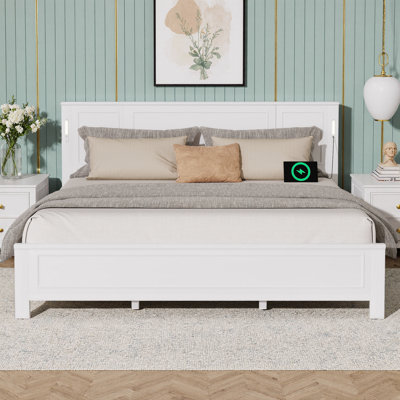 Farmhouse Platform Bed with Tall Headboard, Built-in LED Lights & USB/Type-C Charging, Pine Wood Bed Frame with 9" Underbed Storage Space