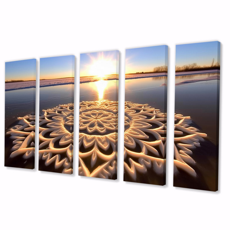Mandala majestueux sur la plage au coucher du soleil II - reproduction d'art mural plage - 5 panneaux égaux