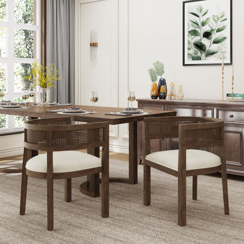Fauteuils rembourrés en bois massif et en rotin Chassidi, Noyer / beige