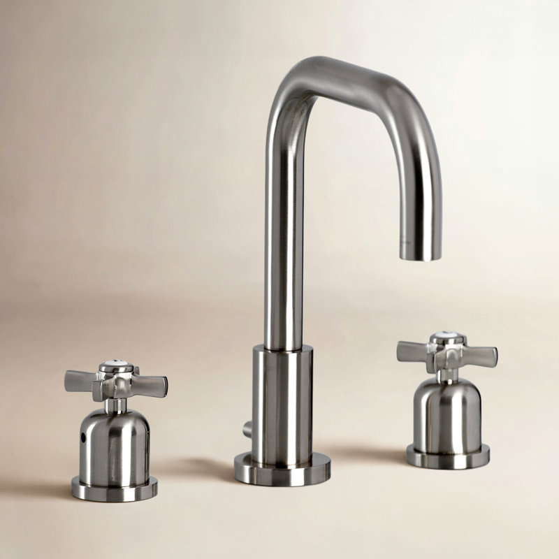 Kingston Brass Millennium Two-Handle 3-Hole Deck Mount Widespread Bathroom Faucet with Brass Pop-Up Drain, Brushed Nickel