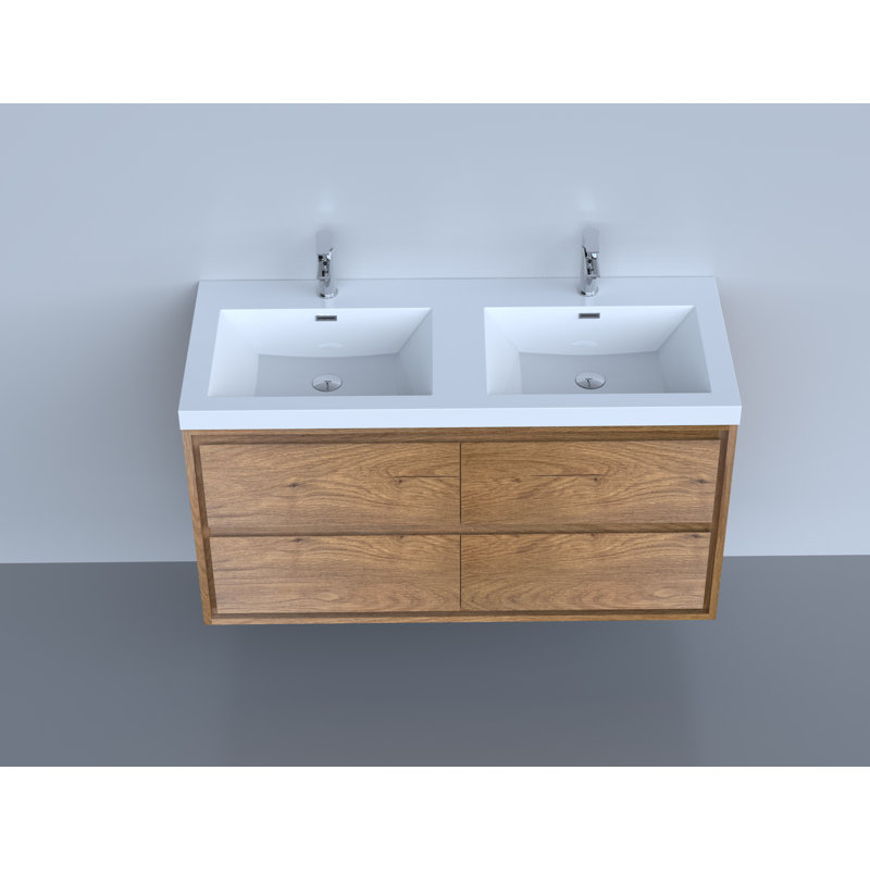 Ensemble de meuble-lavabo double mural 48 po Wittig, Teck chêne