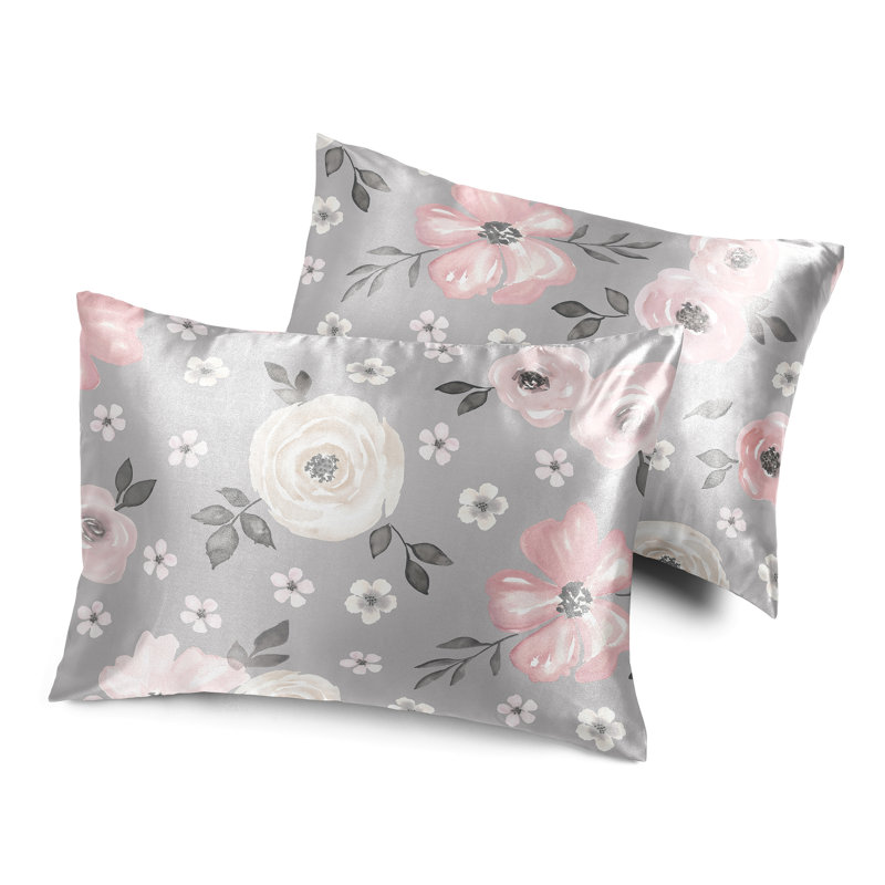 Watercolor Floral Grey Decorative Satin Pillowcases - 2 Pack Set by Sweet Jojo Designs