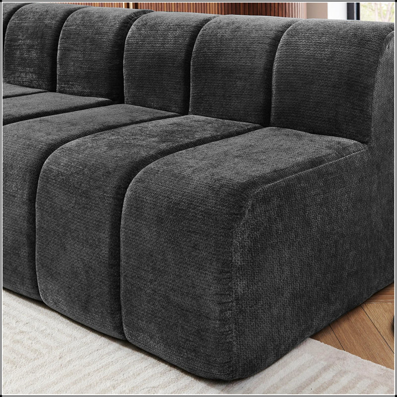 Upholstered 116.5 " Chenille L-Shaped Sectional with Ottoman, Black Chenille