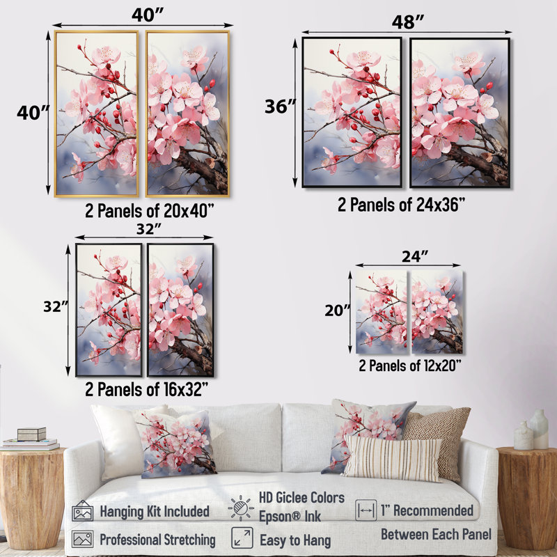 «Signe China Art Cherry Blossom - Blue Global Wall Art», ensemble de 2, Noir, H 36 po x l 48 po