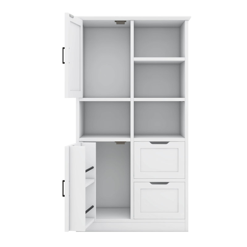 Armoire de rangement haute pour salle de bain, armoire de rangement autoportante pour plancher de salle de bain avec portes et tiroirs, tablette ouverte, plusieurs espaces de rangement