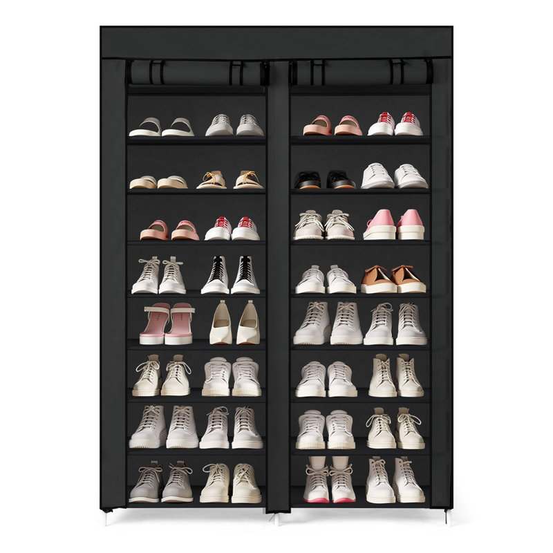 Double Row 10 Layer Shoe Cabinet Iron Pipes Non Woven Fabric Plastic 45.28X11.81X62.99In, Black