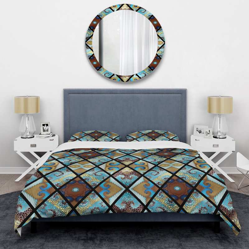 Ensemble de housse de couette bleu mosaïque, Housse de couette simple + 1 taie décorative stan