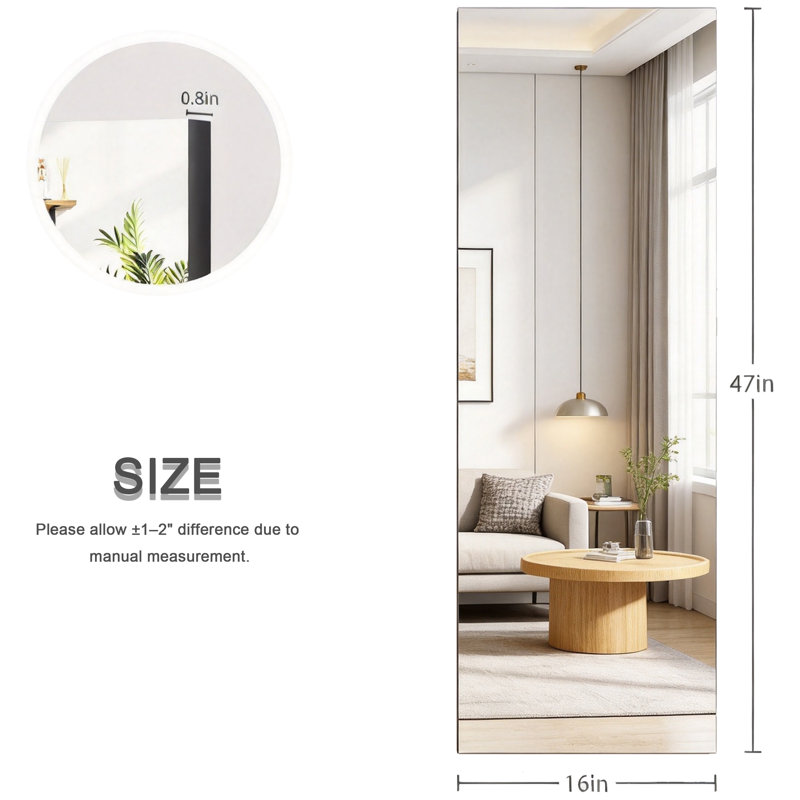 Miroir de porte noir 47 po x 16 po à fixation murale, Noir