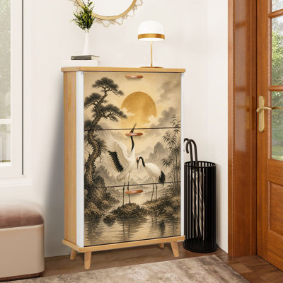Minimalist Elegant Cranes Sunset Traditional Japanese Watercolor Shoe Storage Cabinet with 3 Flip Drawers Freestanding Shoe Rack Organizer Space Saving Footwear Storage Furniture for Entryway Hallway Bedroom Small Apartment Home Use