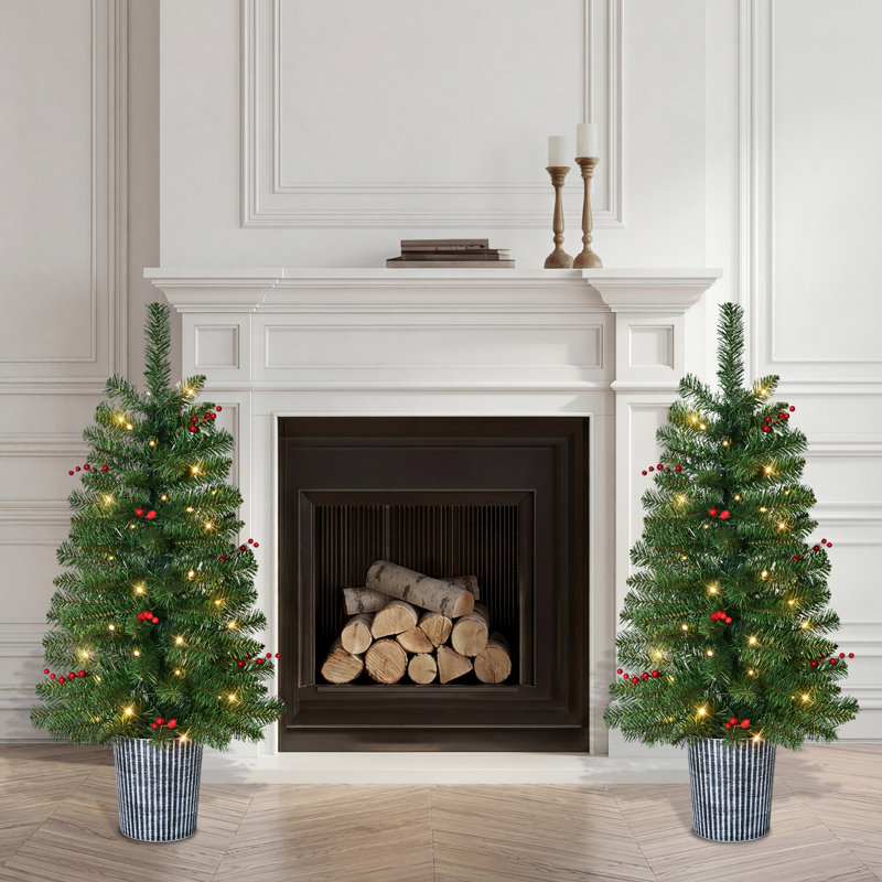 3.5ft Pre-Lit Set of 2 Potted Decorated Artificial Christmas Tree with 35 Clear Lights, 95 Realistic Branch Tips, Easy Setup Artificial Trees with Durable Sturdy Base
