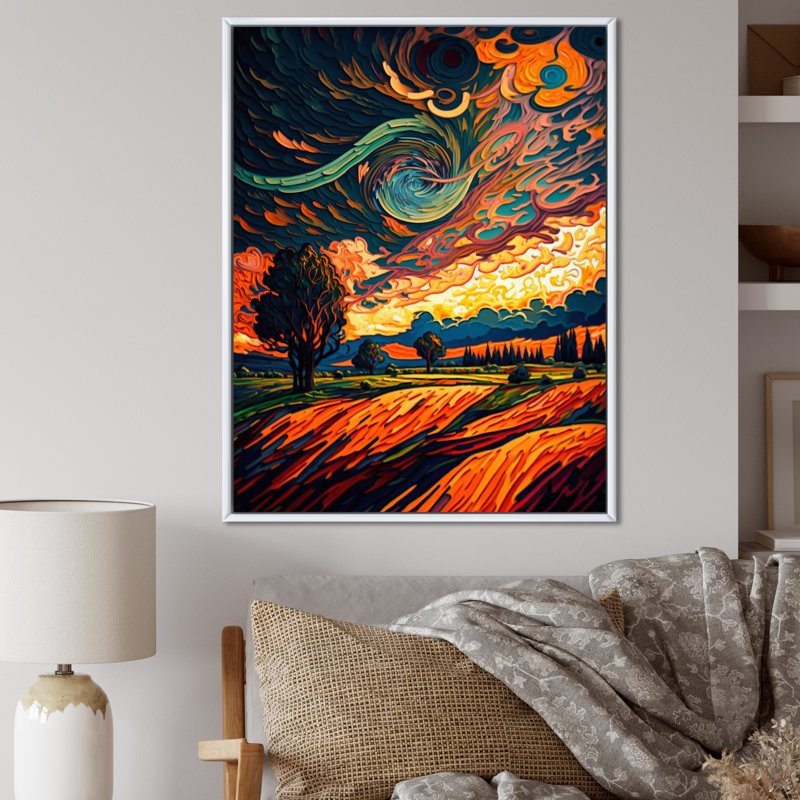 " Energeric Clouds Over The Wheat Meadows ", White Floater Framed, 32" H x 16" W