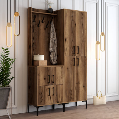 Elegant Hall Stand with Metal Legs, Walnut Finish, 47.2 x 78.7 x 13.8 inches | 100% Melamine Coated Particle Board, Durable Hanging Coat Rack, Multiple Shelves, Wall-Mountable | Perfect for Rustic & Traditional Spaces