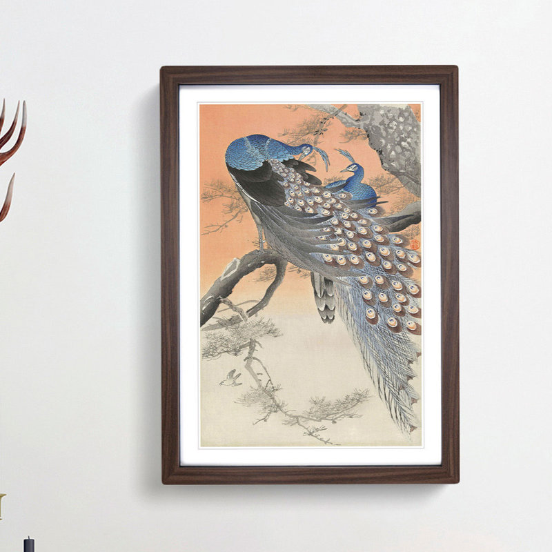 Two Peacocks by Ohara Koson - Picture Frame Painting Print, Walnut Framed, 48cm H x 36cm W x 2cm D