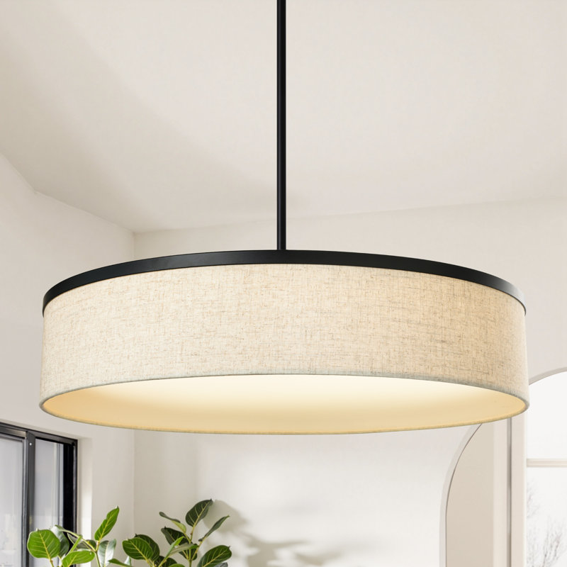 23.6" Matte Black Modern/contemporary Integrated LED Fabric Drum Chandelier, 50.5" H x 23.6" W x 23.6" D, Matte Black