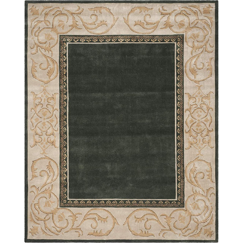 Tapis oriental vert / ivoire tissé à la main Keyley, Rectangle 9 pi x 12 pi