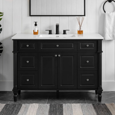 Meuble-lavabo sur pied de style vintage de 121,4 cm (47,8 pouces) avec lavabo, armoire de salle de bain à 6 tiroirs et 2 portes, pieds en bois massif, charnières à fermeture douce, noir