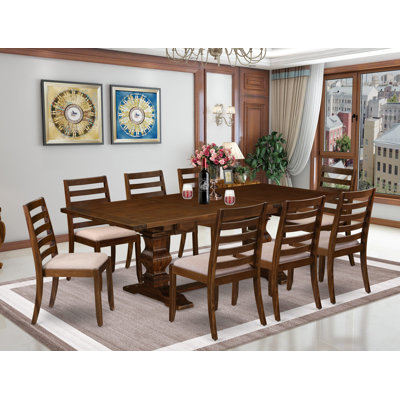 8A30A05D69484D898892E5776C50B55A 9-pc Dining Table set - a Removable leaf Table and 8 Light Tan Fabric stackable Chair, Antique Walnut Finish.