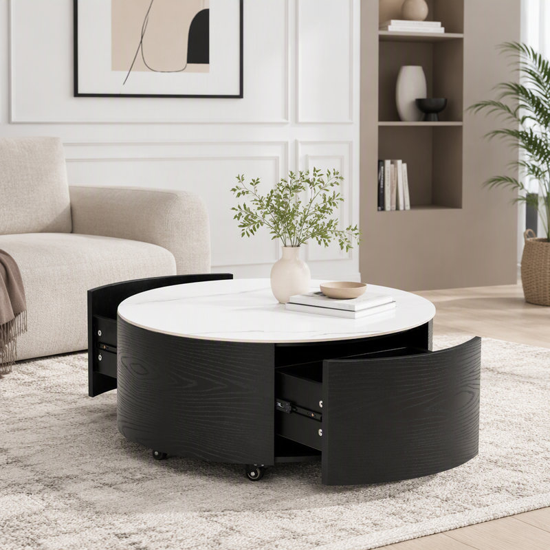 Table basse ronde moderne sur roulettes avec plateau imitation marbre, Noir
