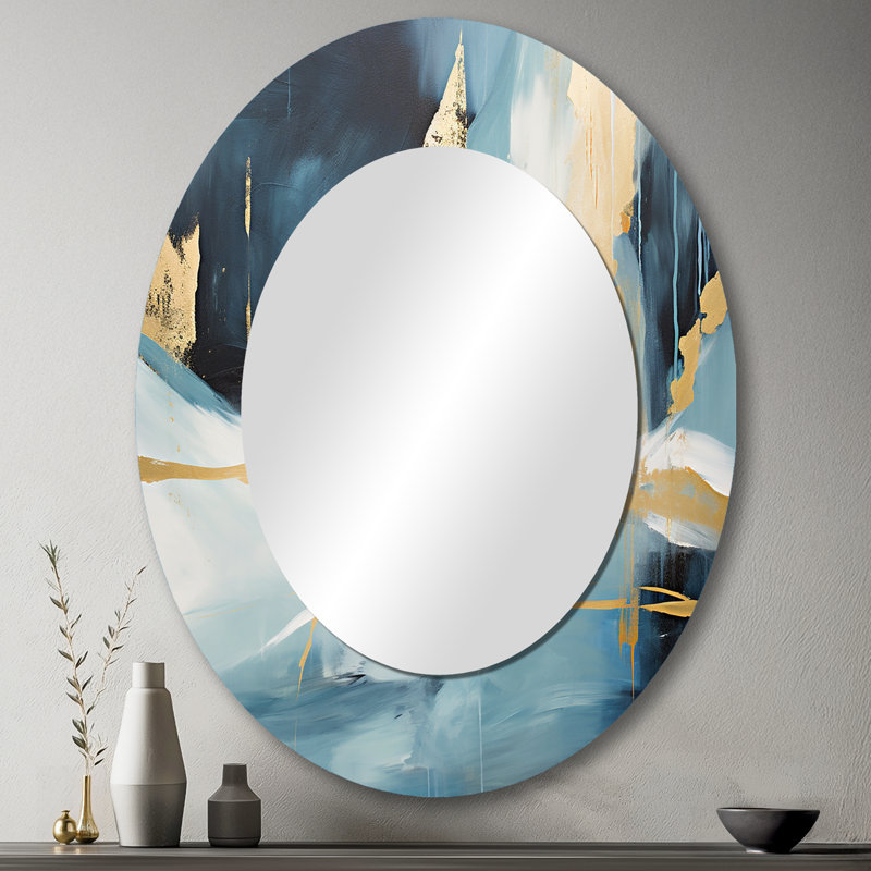 Gold And Blue Abstract Expression 4 - Abstract Oval Decorative Mirror On Metal, 43" H x 33" W