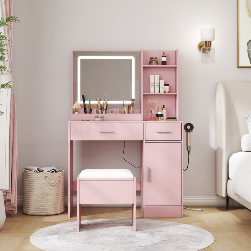 Lavin Makeup Vanity Set with LED Light Mirror, Charging Station, and Comfortable Stool for Modern Beauty Routines, Pink
