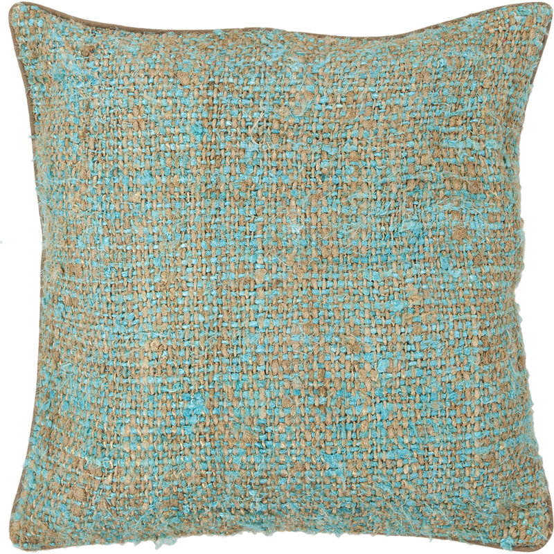 Jute & Wool Blend Removable Cover Pillow Throw Authentic Handmade Square Polyester Fill Teal & Khaki Non-Reversible Textured Weave With Khaki Brown Cotton Backing