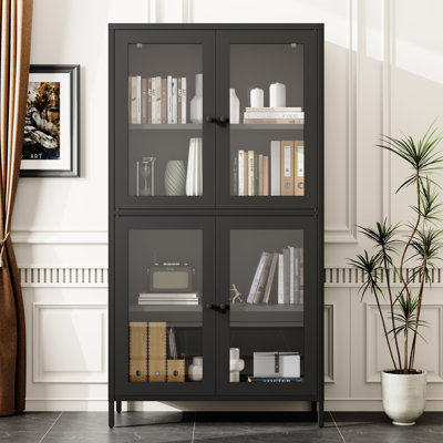 Arthemus Metal Cabinet With 4Mm Thick Glass Doors And 4 Shelves - Hobby Room Black Steel Adjustable For Entryway