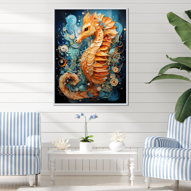 Hippocampe orange et bleu Symphony 1, Cadre flottant blanc, H 44 po x l 34 po x P 1,5 po